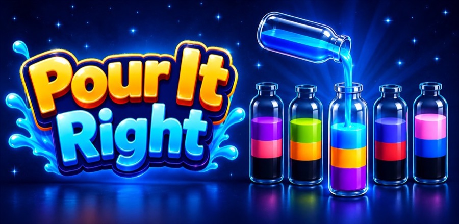 Pour It Right key art — glowing bottles pouring neon liquid