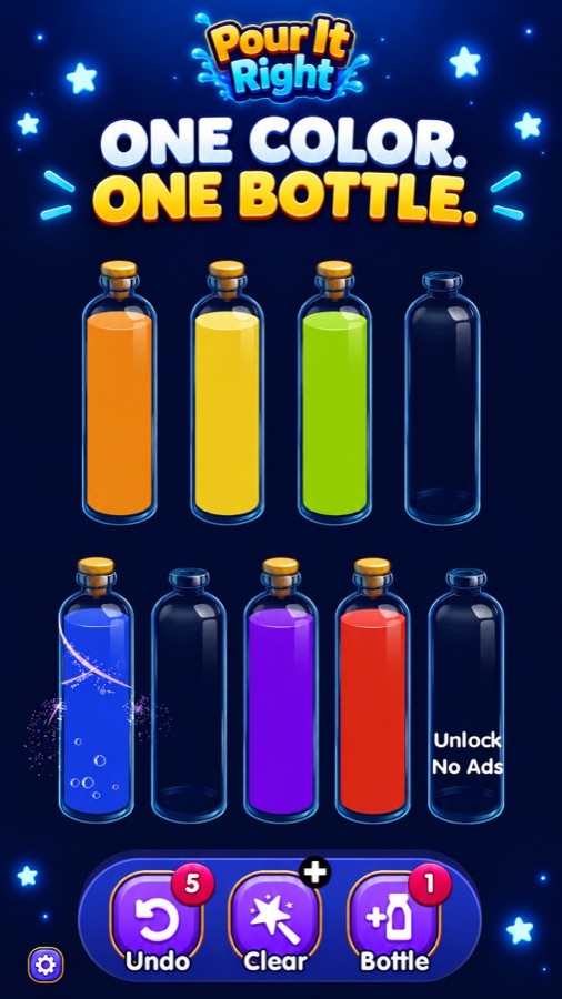 Completed bottles — each glass holds a single color