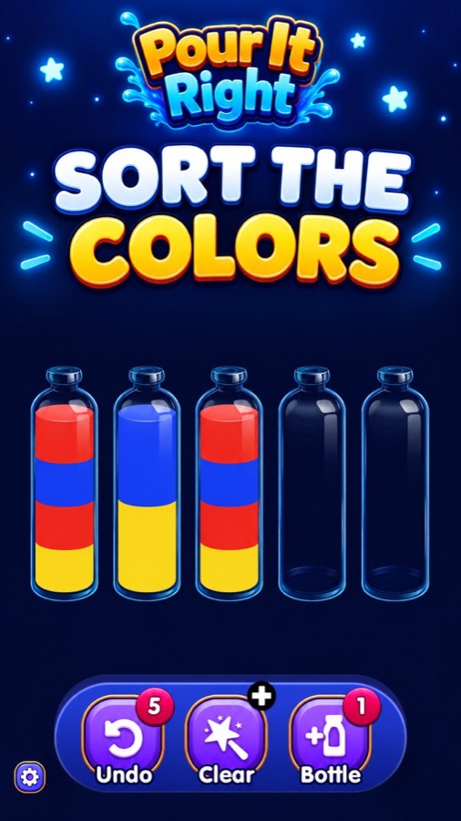 Pour It Right gameplay — sort colorful liquids into glass bottles
